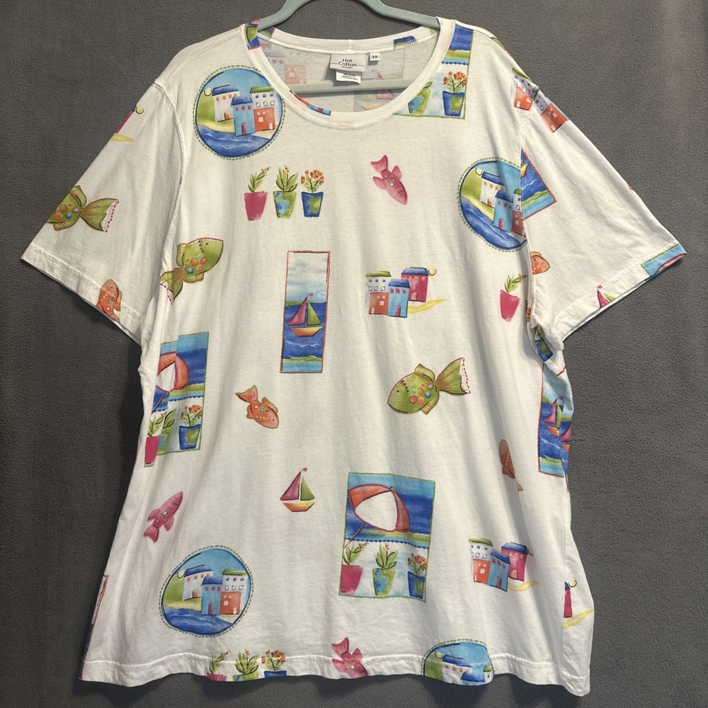 Hot Cotton T-Shirt Tee Short Sleeve Top Beach Vacation Print Plus Size 3X White